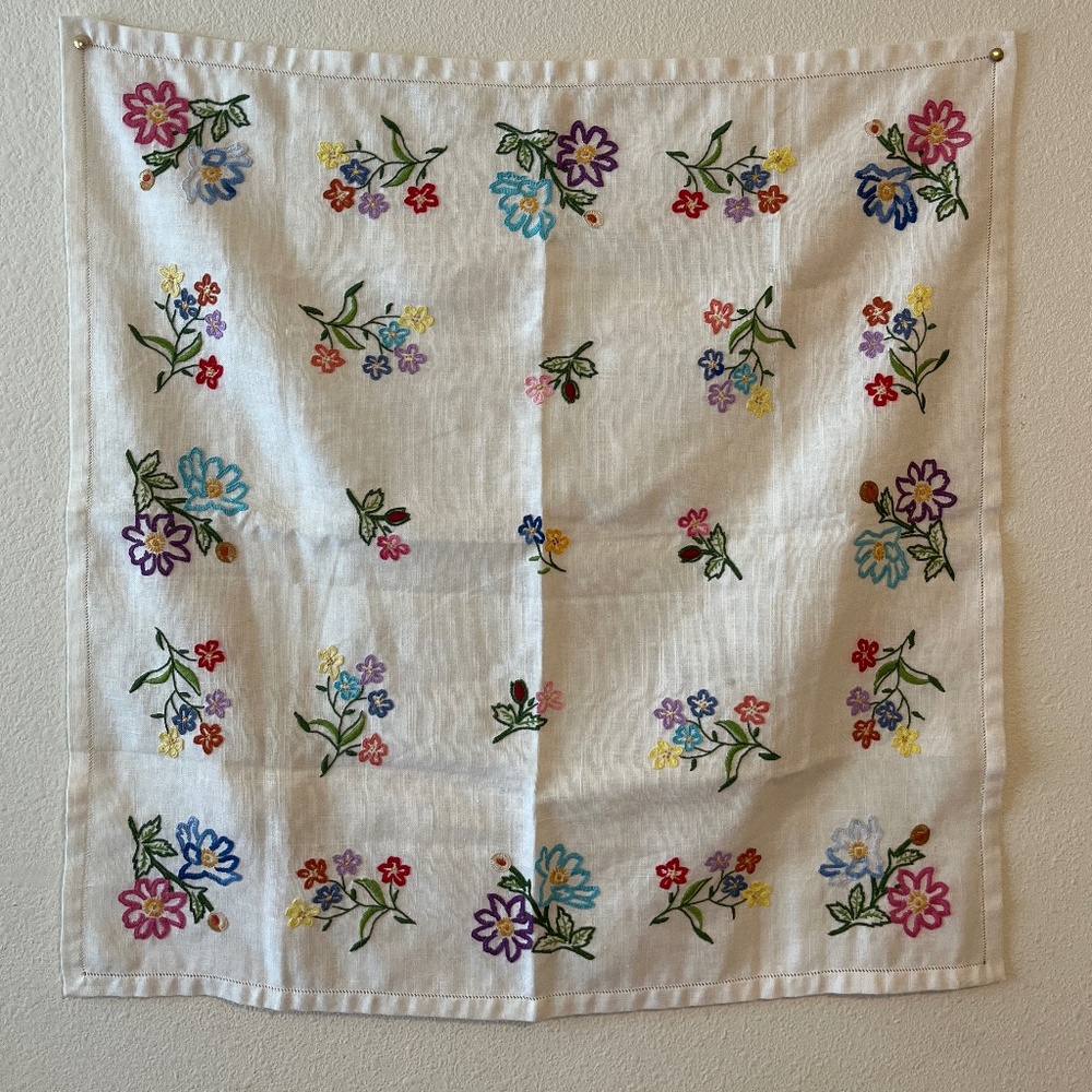 Embroidered floral linen square